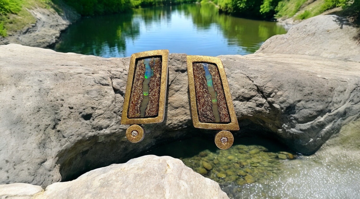 river asutralian boulder opal earrings with dimonds in silver and gold