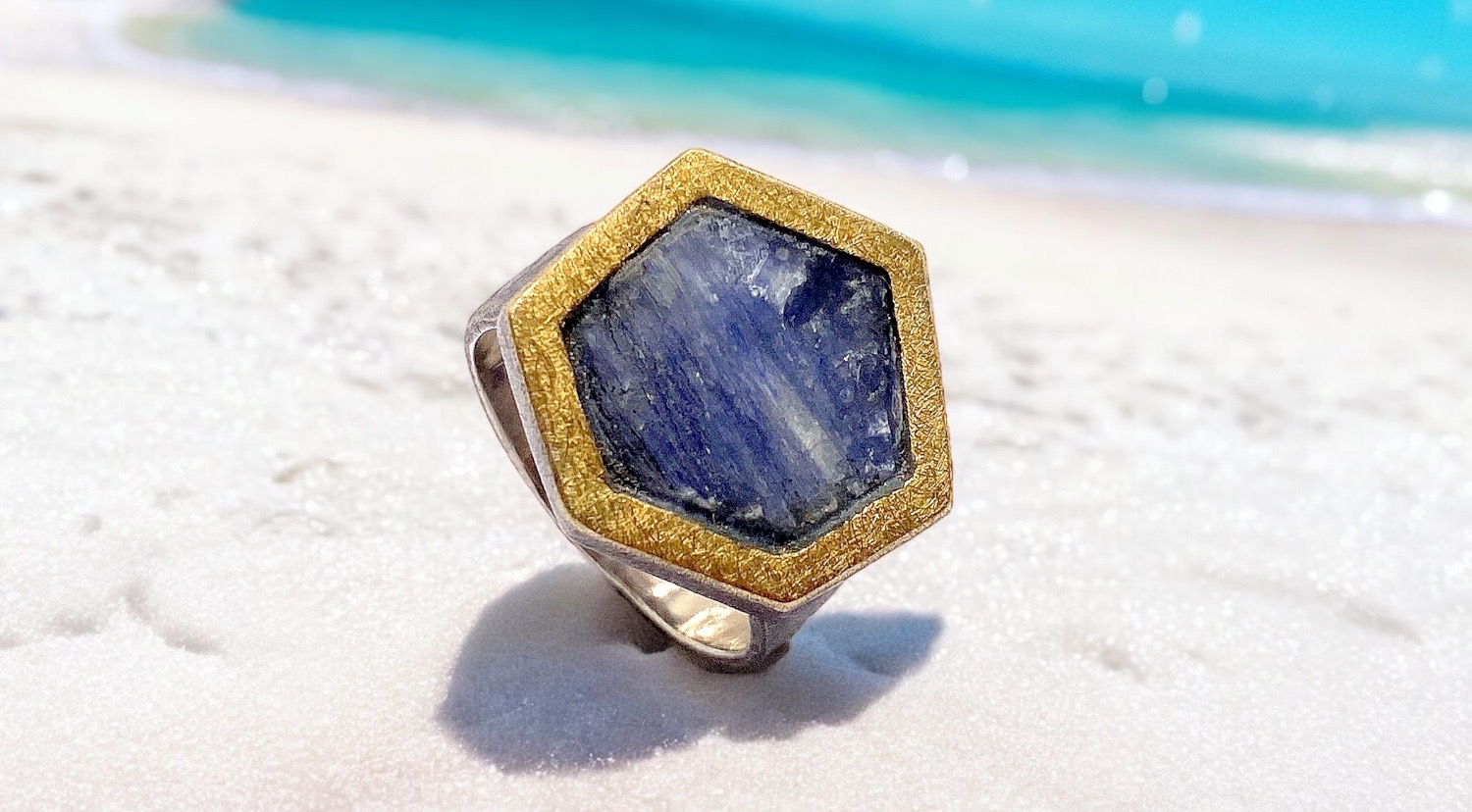 hexagonal rough kyanite ring in silver and gold