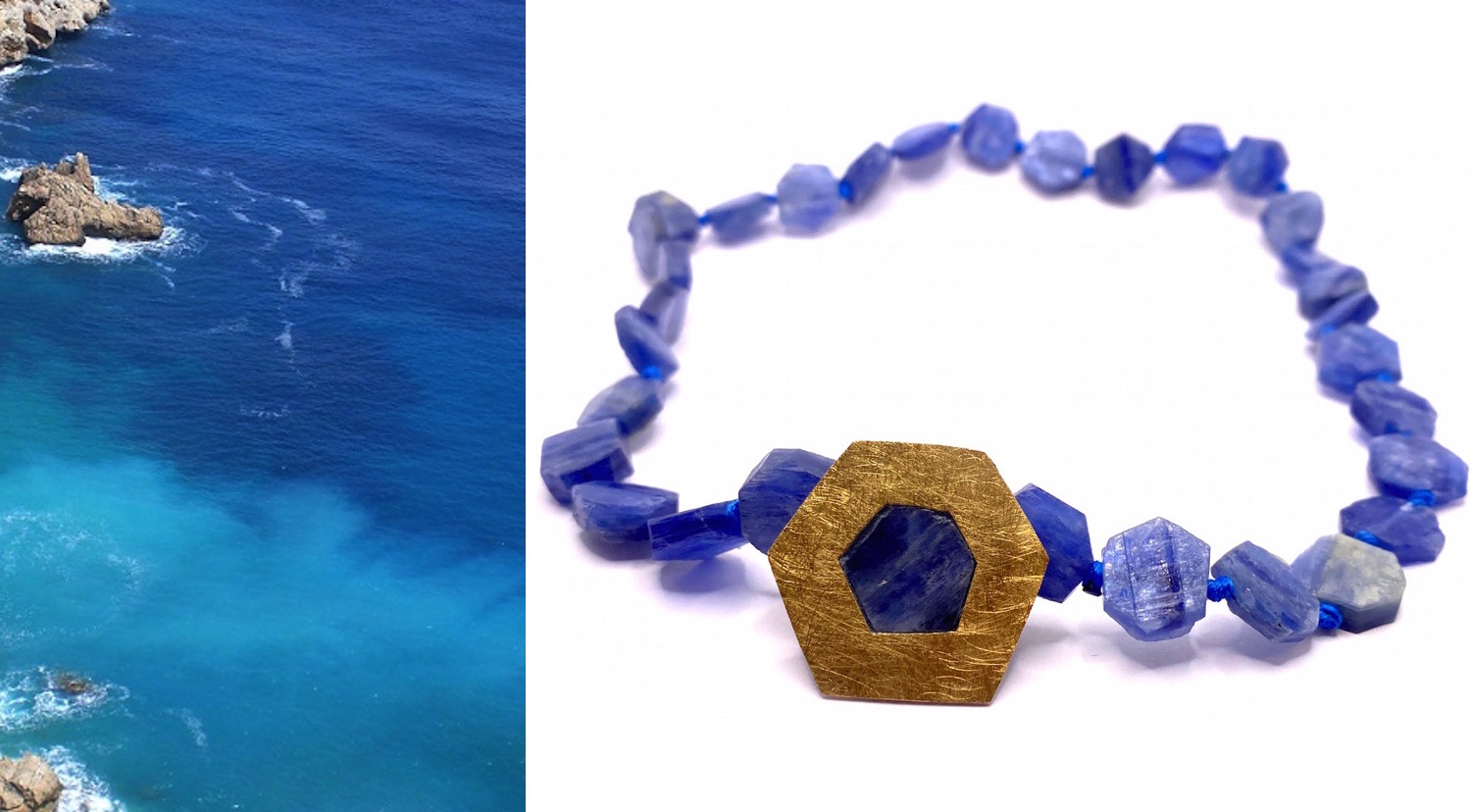 hexagonal rough kyanite necklace with silver and gold clasp