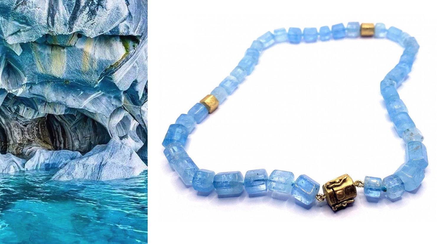 aquamarine necklace with two pieces and clasp in gold