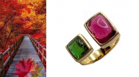 RECTANGULAR CABOCHON PINK AND GREEN TOURMALINE RING IN GOLD