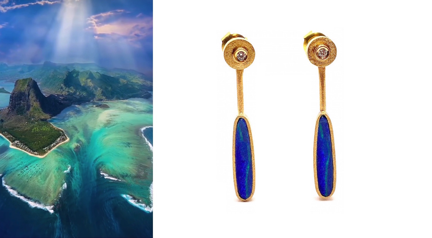 pendientes opalos doublet azules largos brillante oro