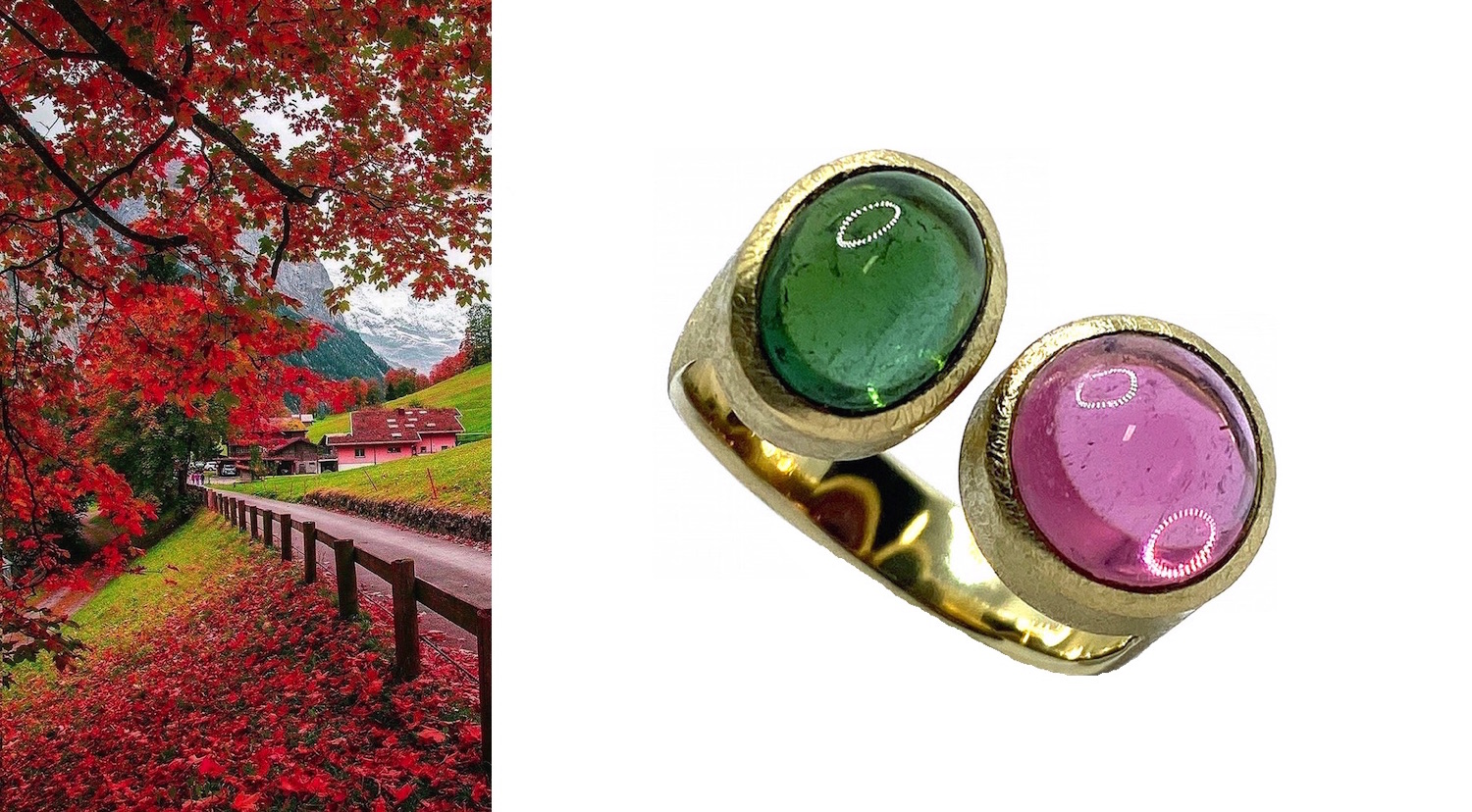 pink and green tourmalines ring in cabochon cut in gold