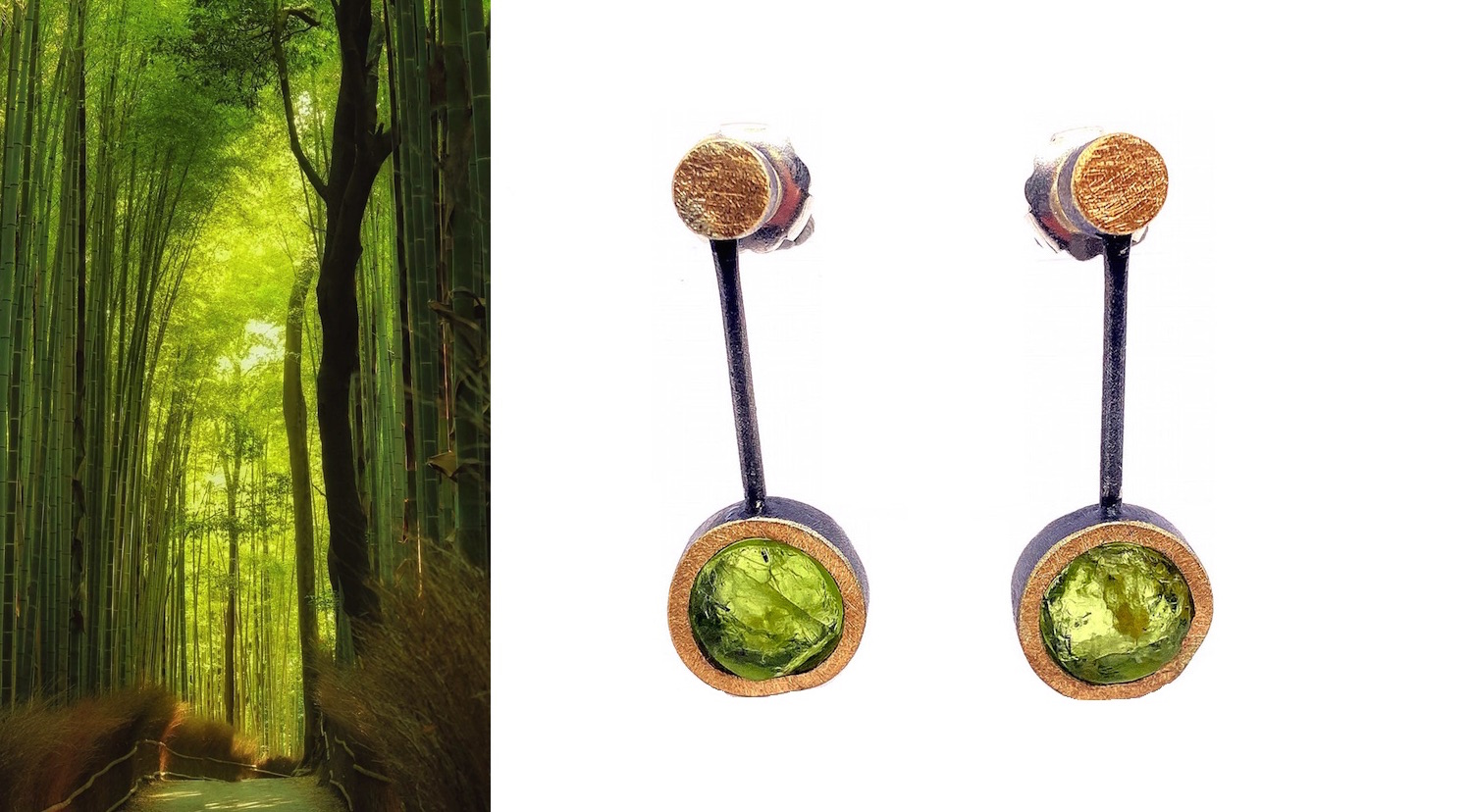 large round rough peridot earrings in silver and gold