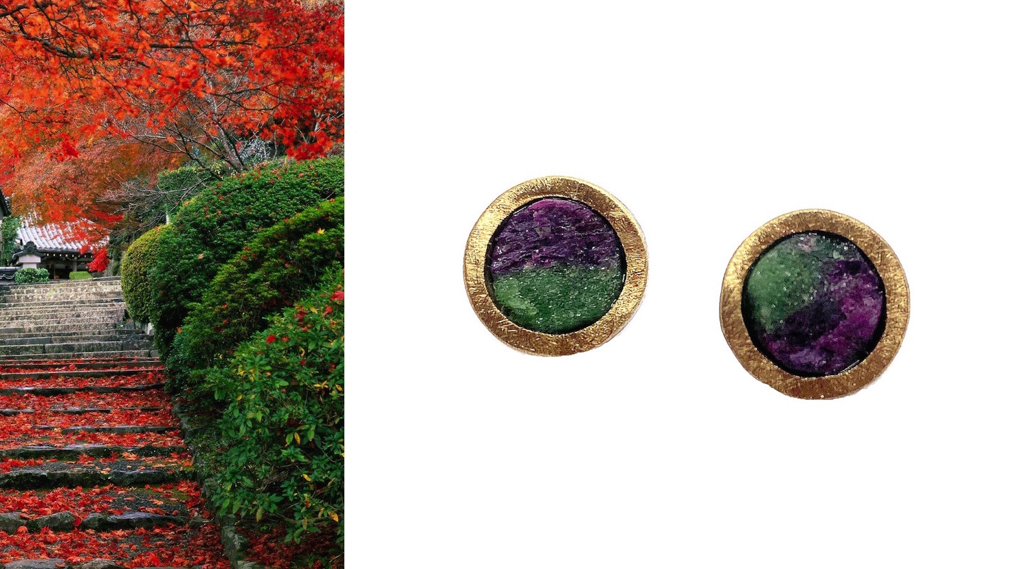 round rough rubi zoisite earrings in silver and gold