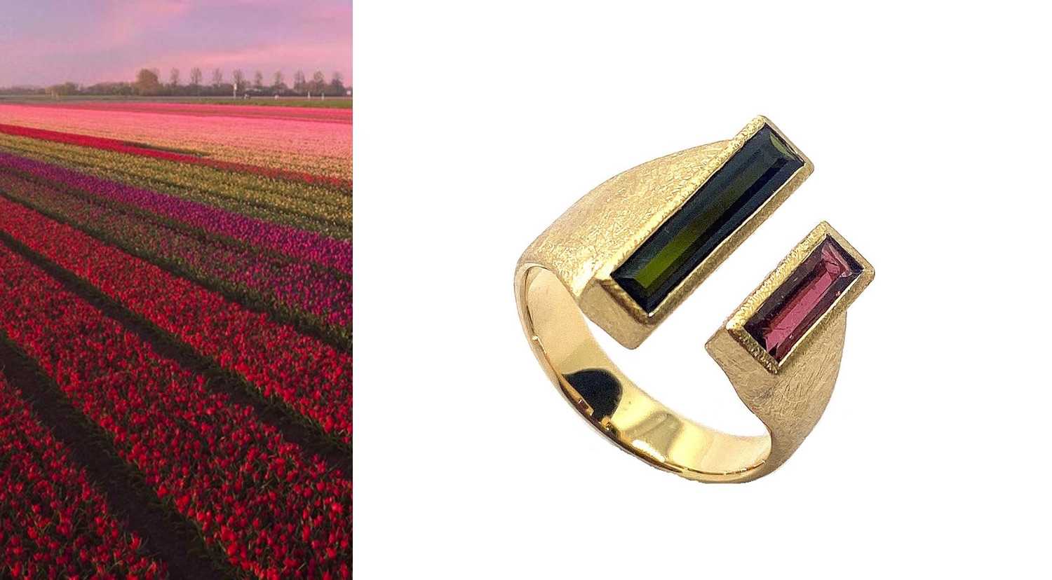 pink and green tourmaline ring baguet cut in gold