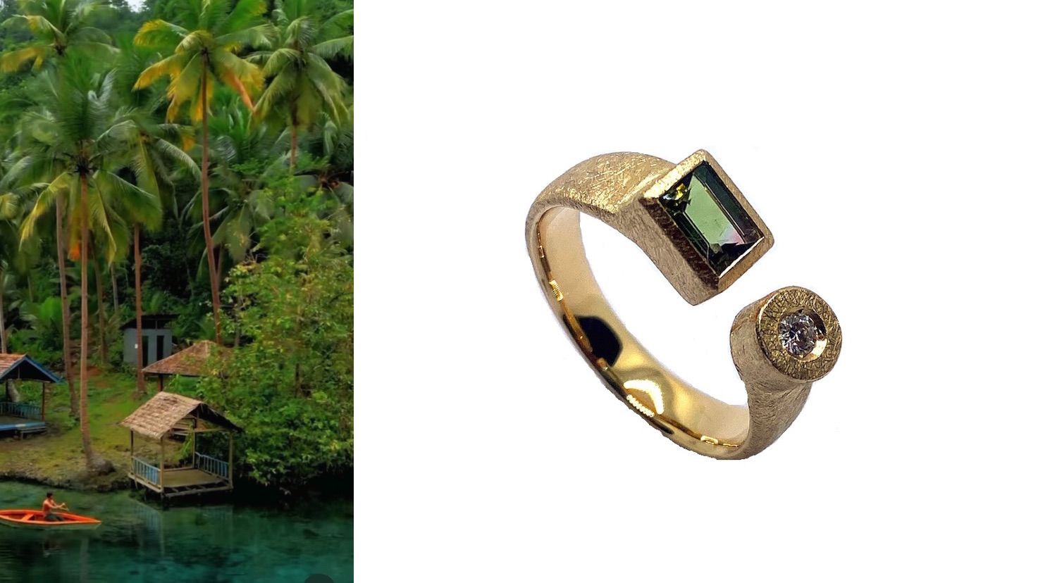 anillo turmalina bicolor con diamante talla brillante en oro
