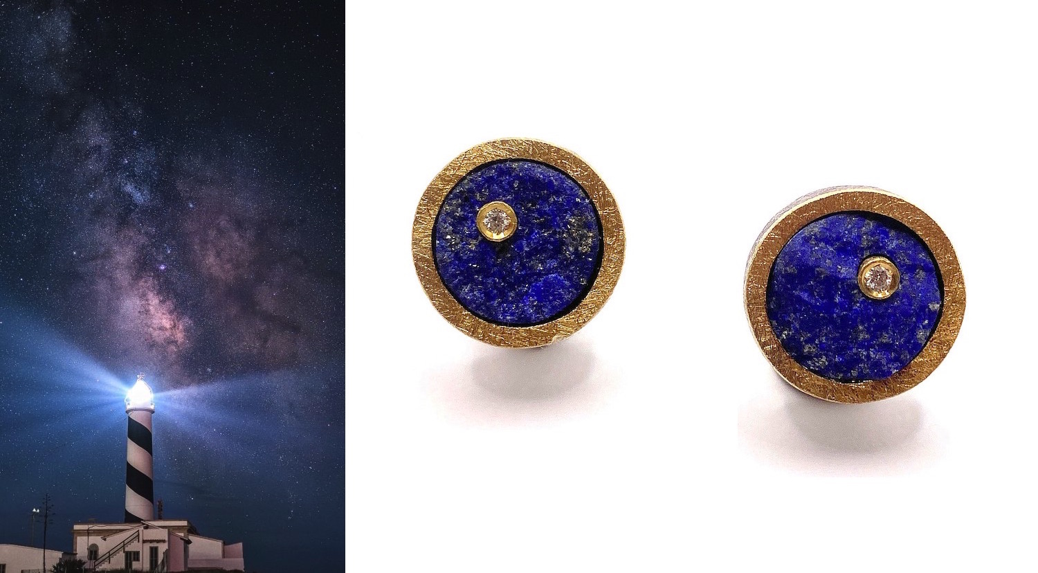 round rough lapislazuli earrings with diamond in silver and gold