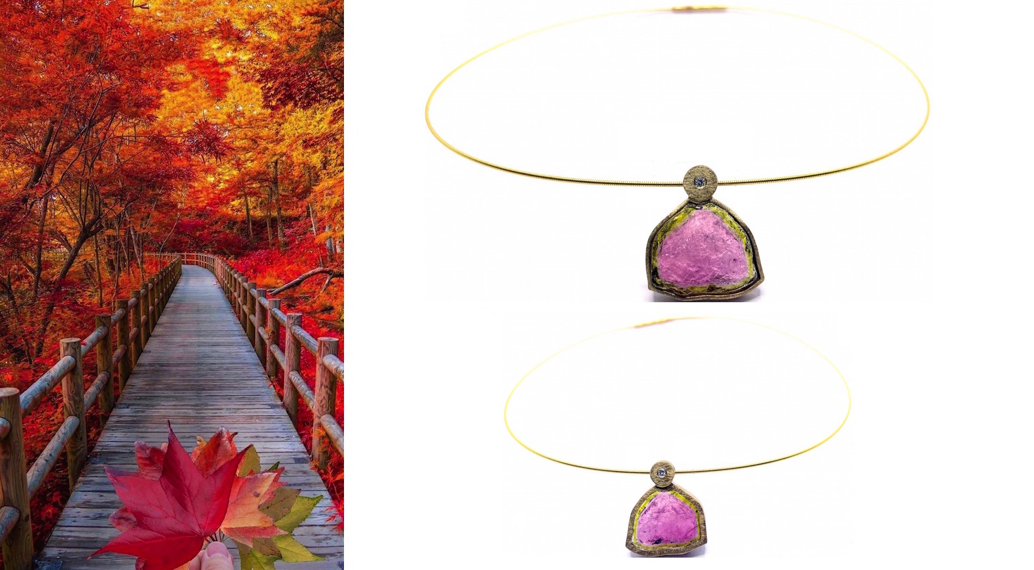 watermelon tourmaline reversible pendant with diamond in gold