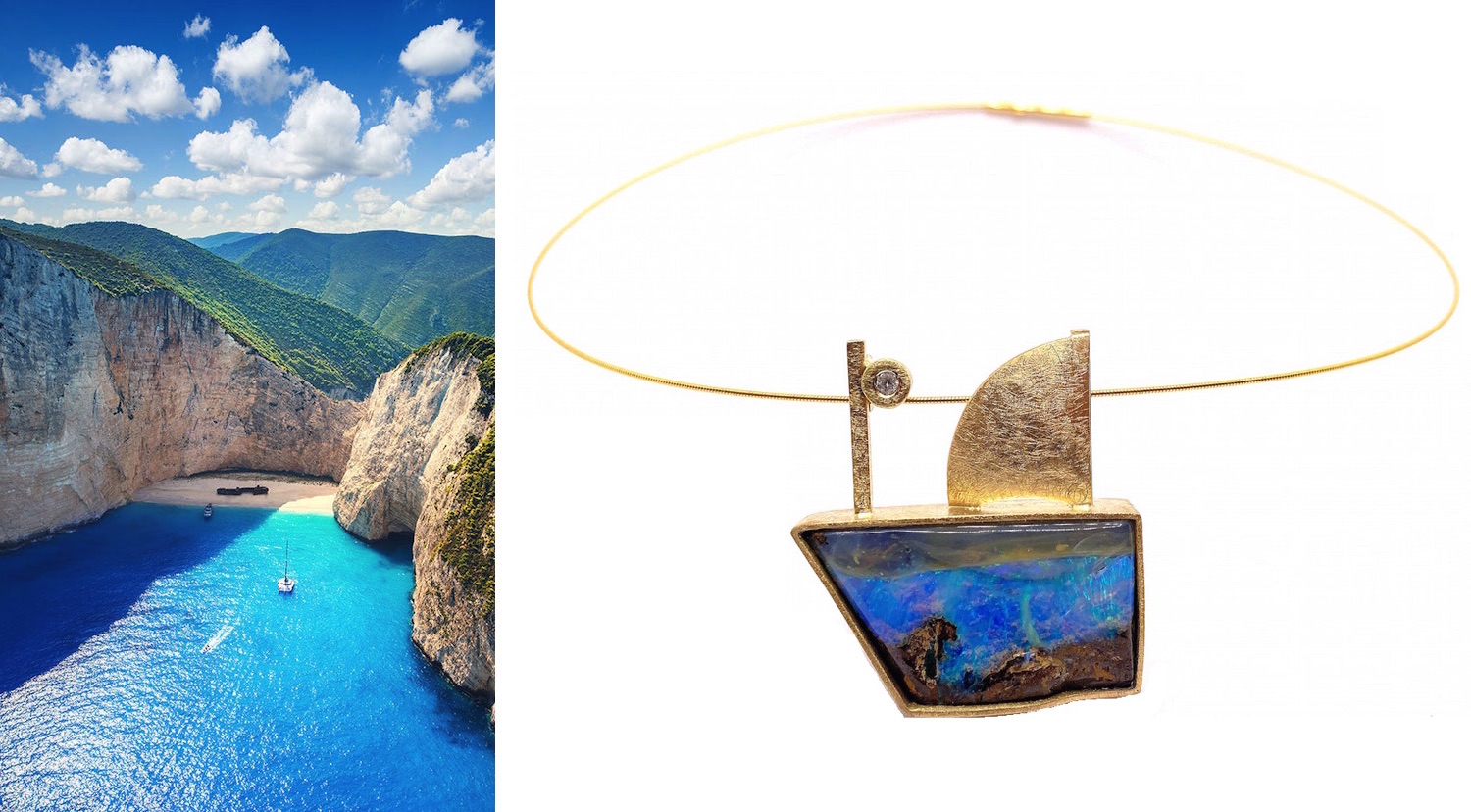 colgante "joyas del mar" opalo boulder australiano azul velero brillante oro