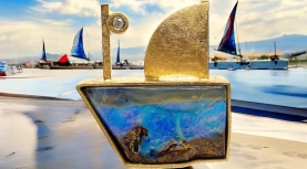 "JEWELS OF THE SEA" BLUE AUSTRALIAN BOULDER OPAL SAILBOAT PENDANT WITH DIAMOND IN GOLD