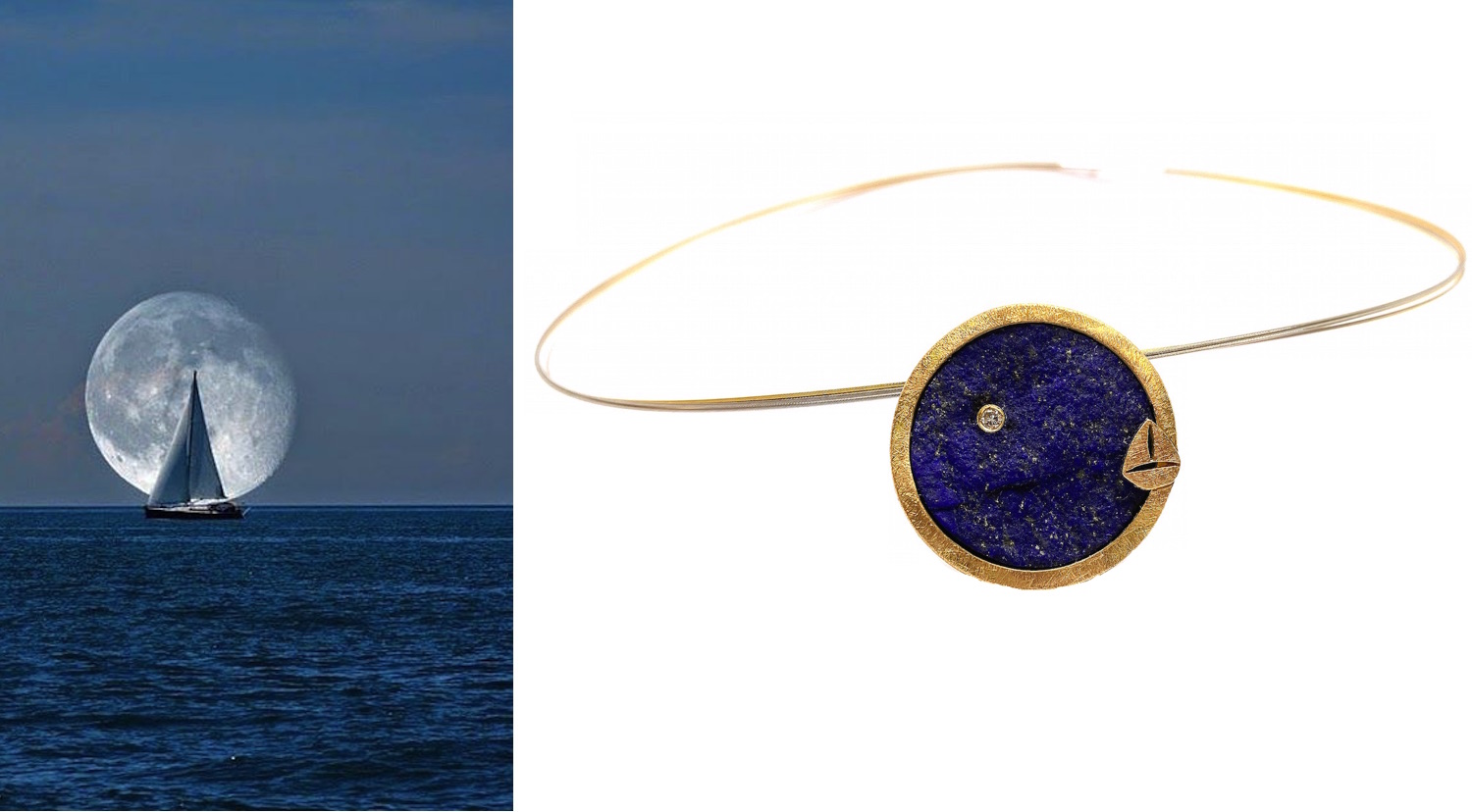"jewels of the sea" round rough lapislazuli pendant in silver and gold