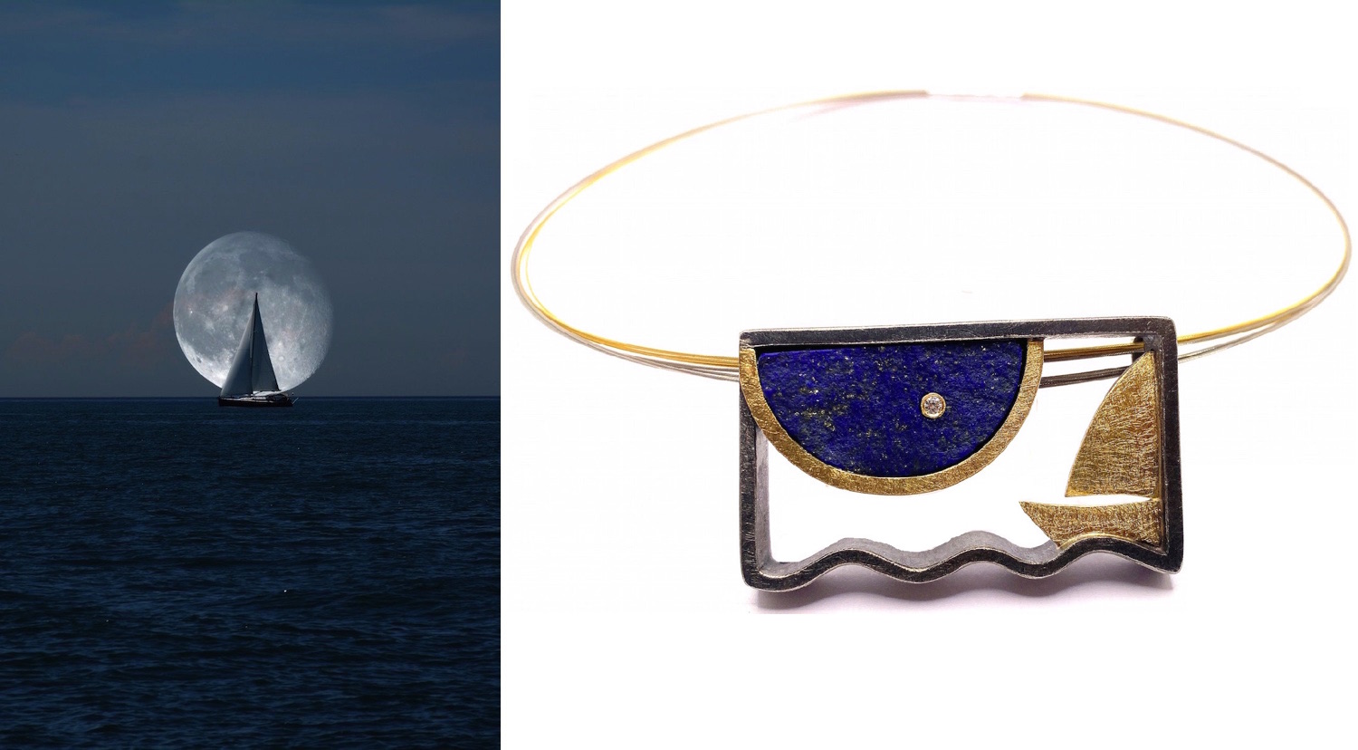 "jewels of the sea" rough lapislazuli sailboat pendant with diamond in silver and gold