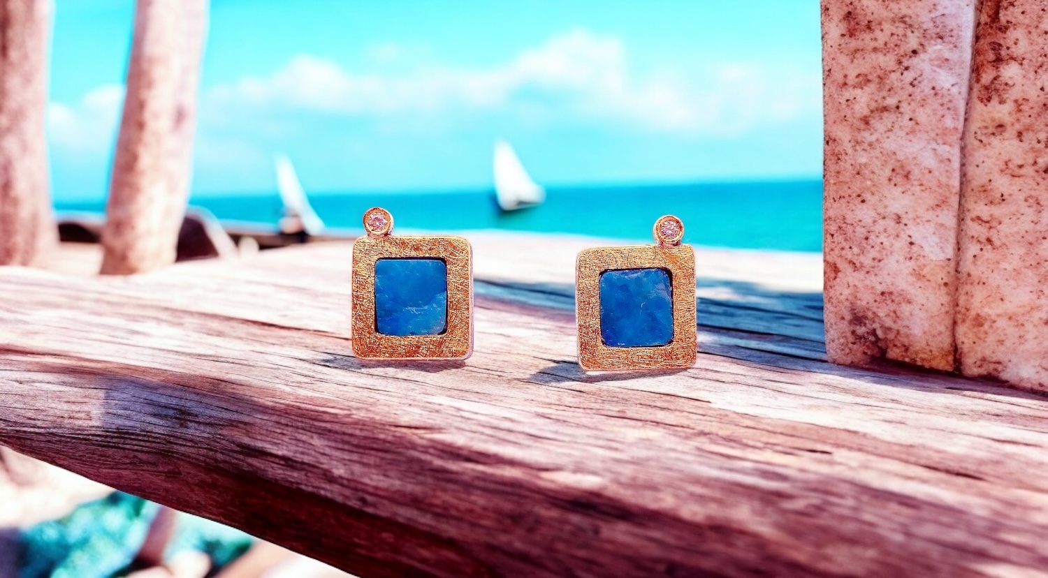 squared andean blue opal earrings with diamond in silver and gold