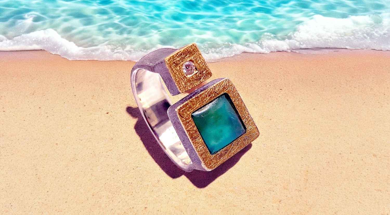 squared andean blue opal ring with diamond in silver and gold