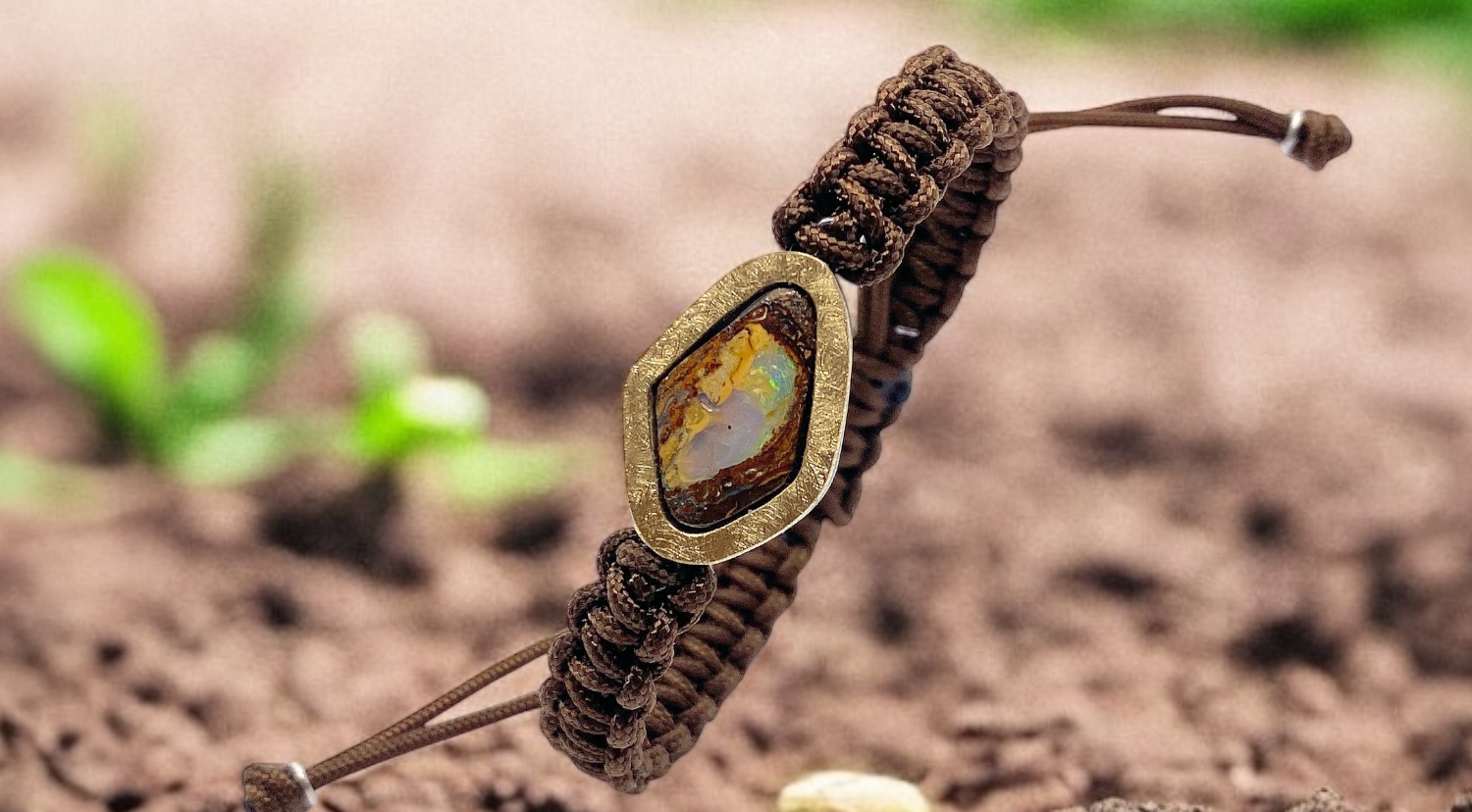 braÇalet opal boulder romb macramÉ marrÓ plata or