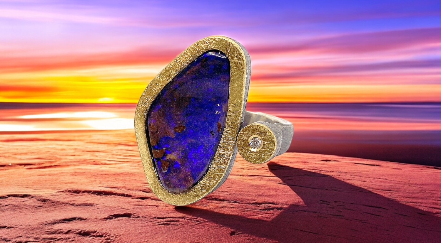 anillo opalo boulder lila brillante plata oro