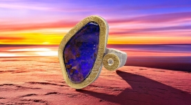 PURPLE BOULDER OPAL RING WITH DIAMOND IN SILVER AND GOLD