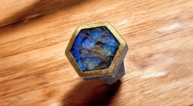 HEXAGONAL ROUGH LABRADORITE RING IN SILVER AND GOLD