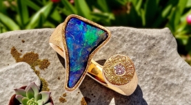 TRIANGULAR AUSTRALIAN BOULDER OPAL RING WITH DIAMOND IN GOLD