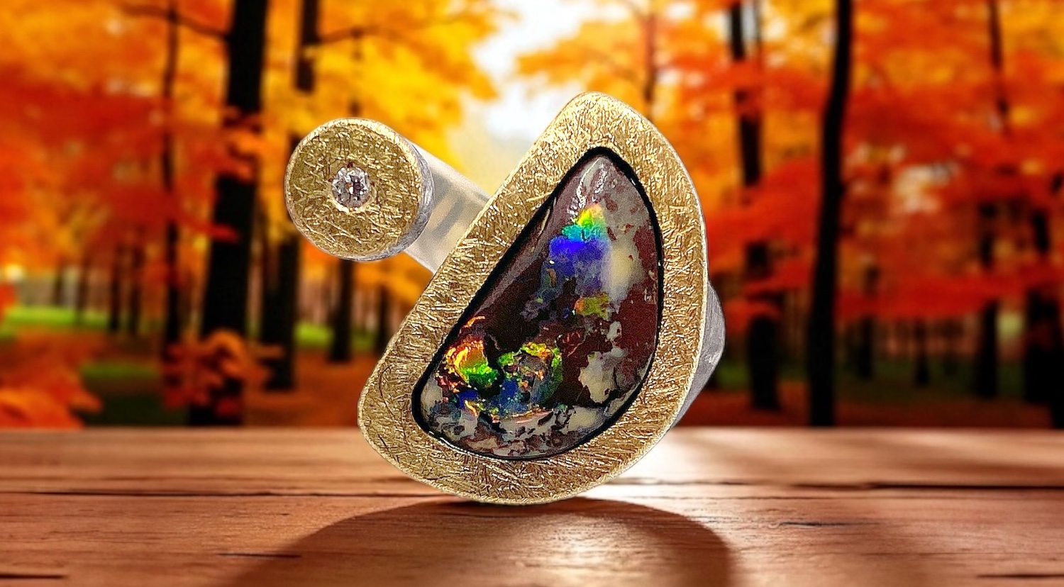 australian boulder ring with diamond in silver and gold