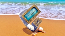 RECTANGULAR ANDEAN BLUE OPAL RING WITH 2 DIAMONDS IN SILVER AND GOLD