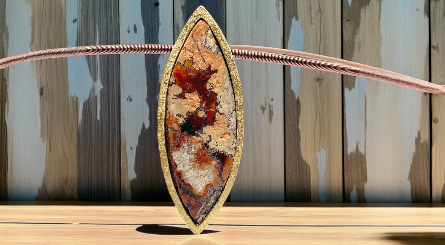 navette mexican fire opal big pendant in silver and gold