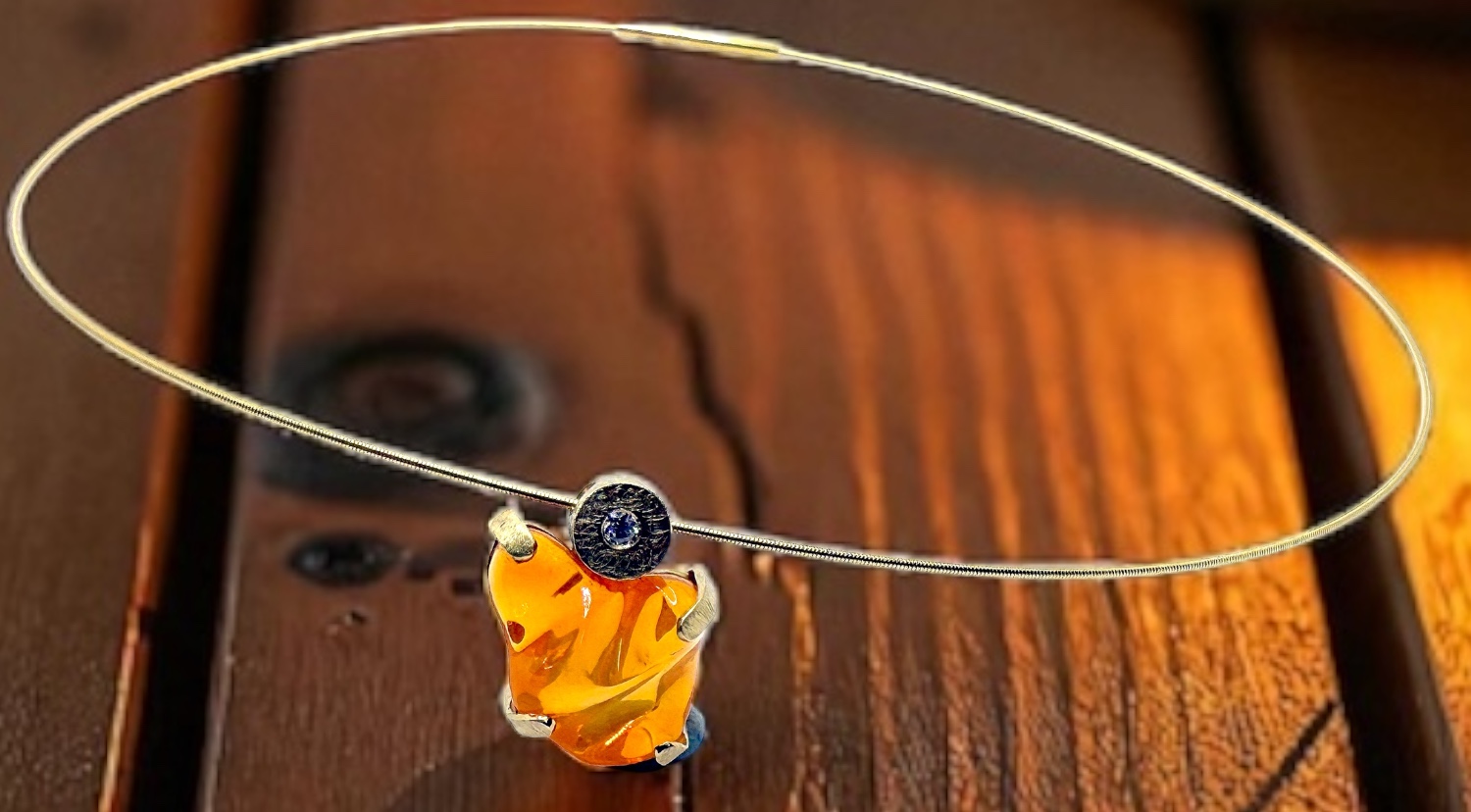 irregular mexican fire opal pendant with diamond in gold
