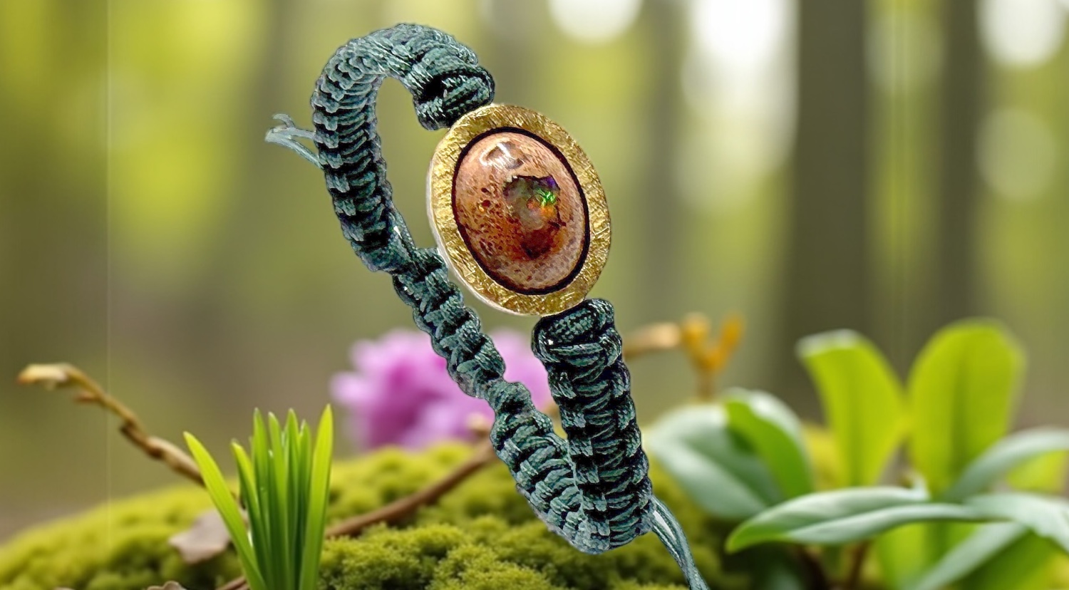 braÇalet opal foc mexica oval macrame verd plata or