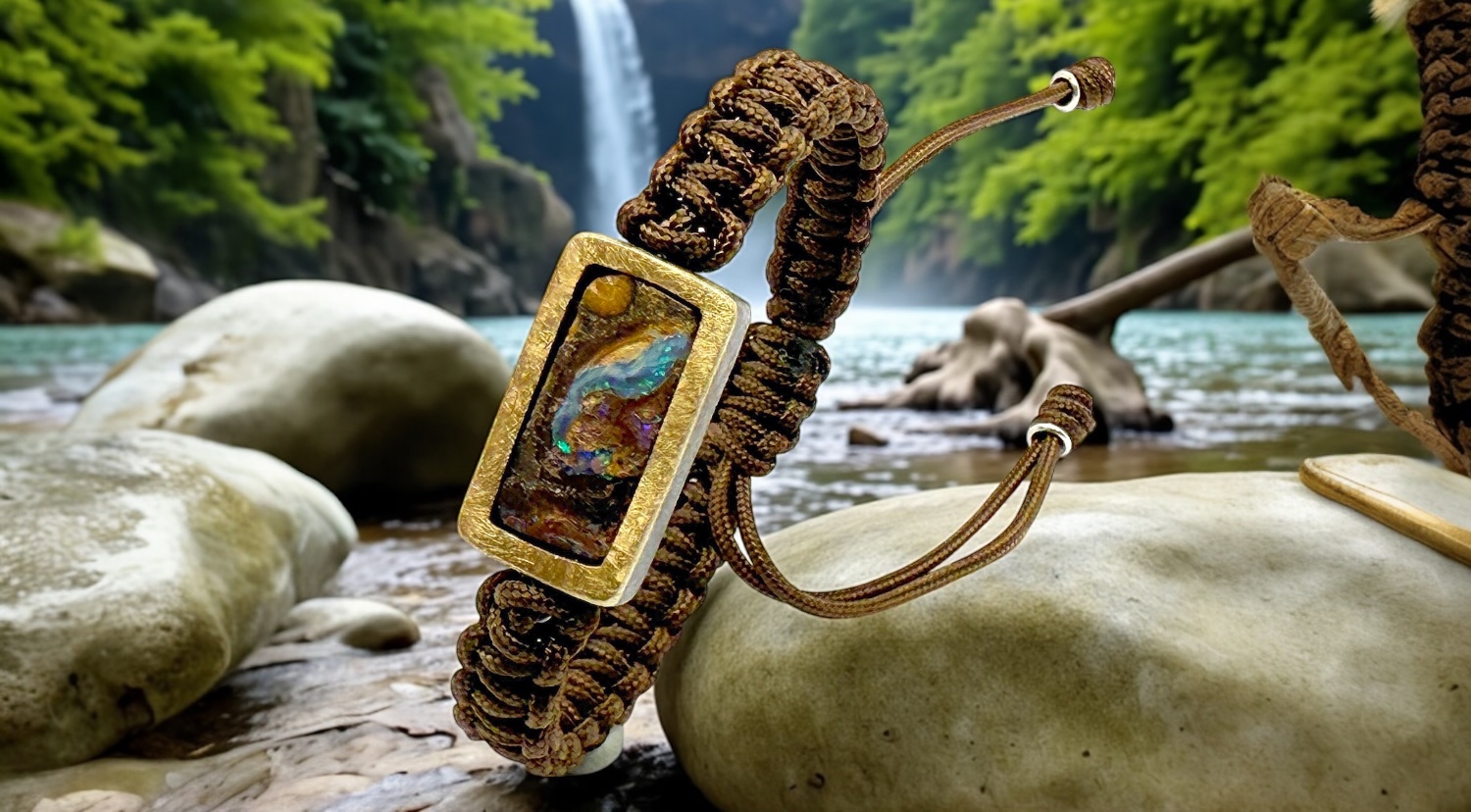rectangular australian boulder opal brown macrame bracelet in silver and gold