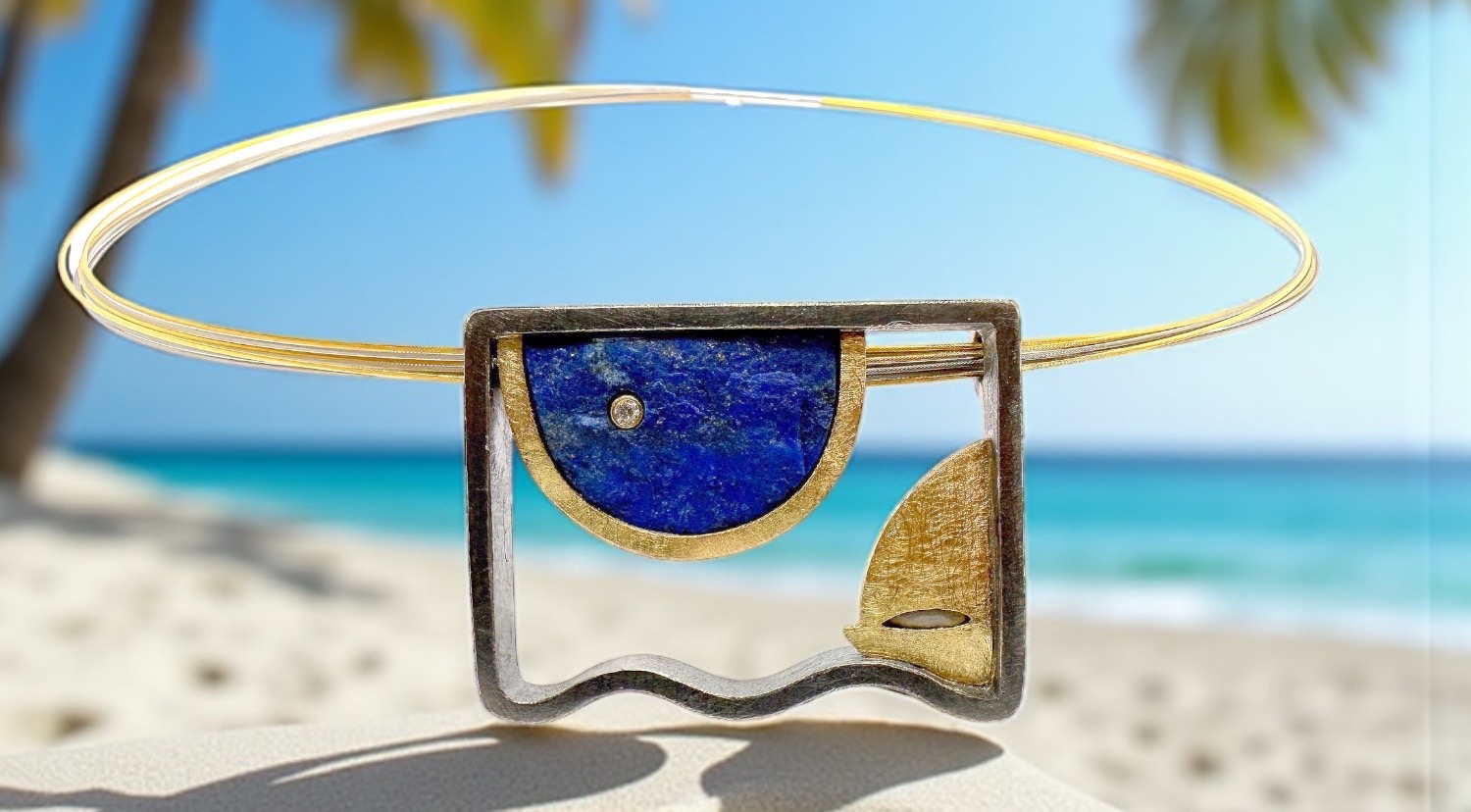 jewellery of the sea rouh lapislazuli pendant with diamond in silver and gold