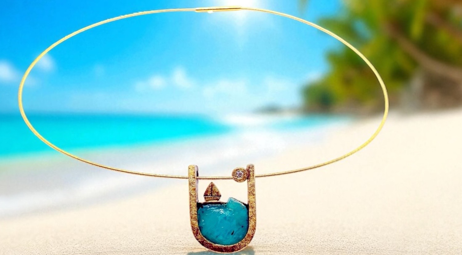 rough andean blue opal sailboat pendant with diamond in silver and gold