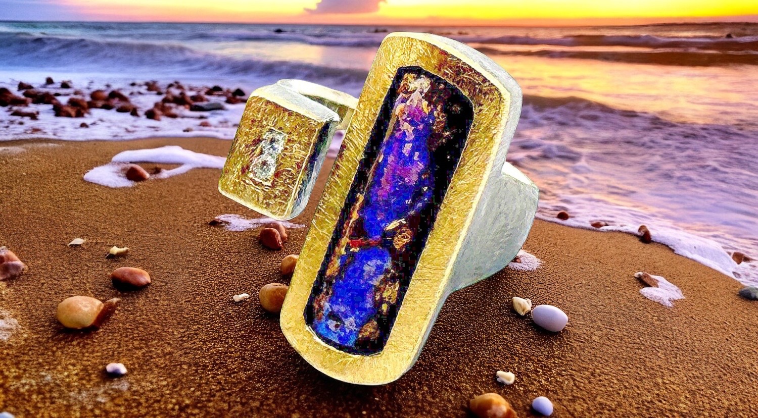 anell opal boulder lila rectangular 2 brillants plata or