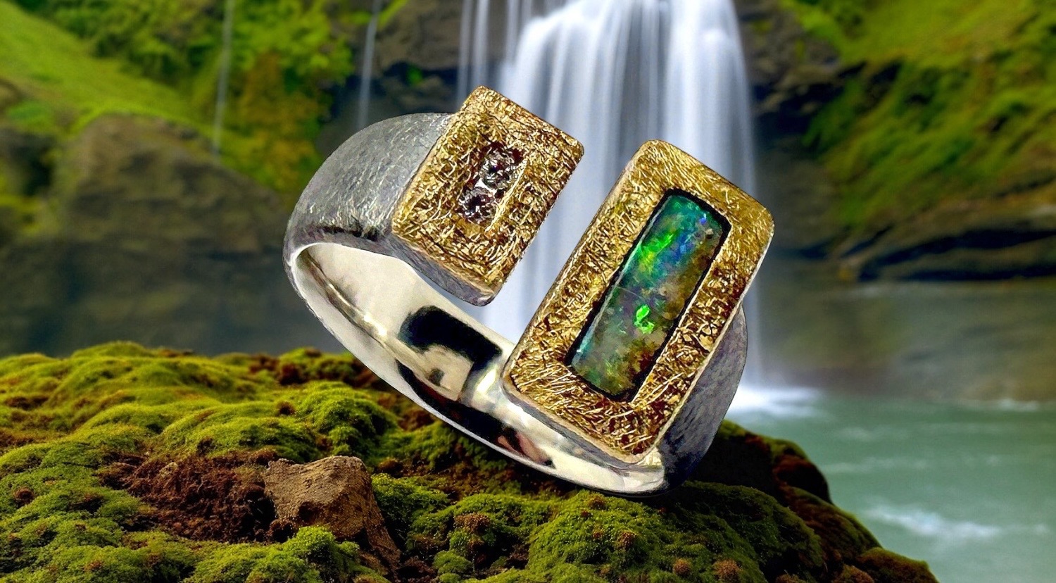 rectangular australian boulder opal ring with 2 diamonds in silver and gold