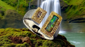 RECTANGULAR AUSTRALIAN BOULDER OPAL RING WITH 2 DIAMONDS IN SILVER AND GOLD