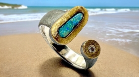 OVAL AUSTRALIAN BOULDER OPAL RING WITH DIAMOND IN SILVER AND GOLD