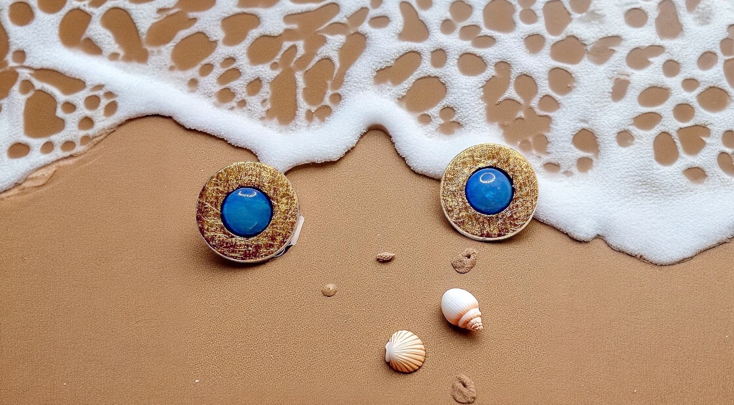 medium blue round opal earrings in silver and gold