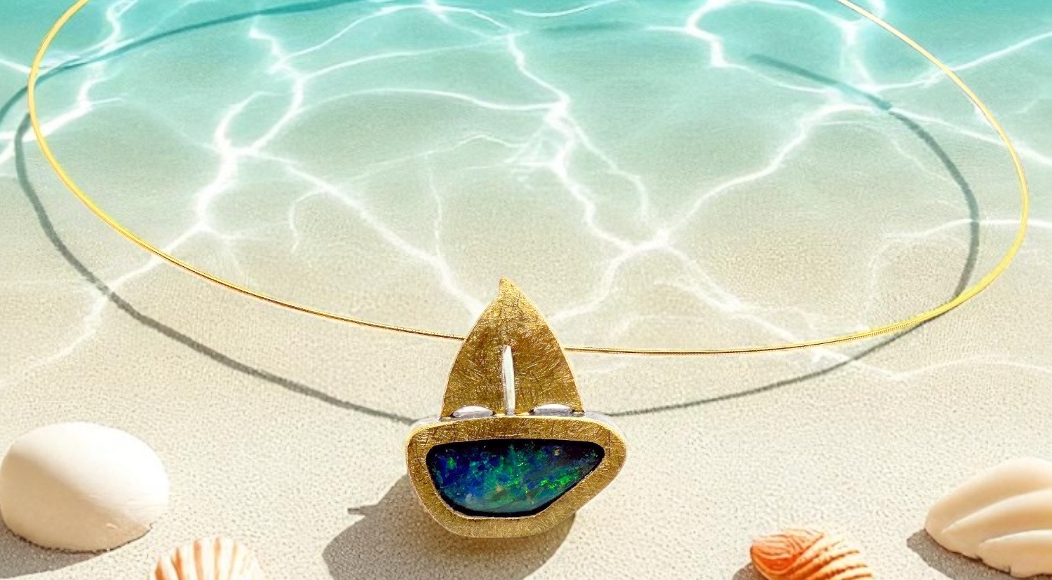 australian boulder opal sailboat pendant in silver and gold