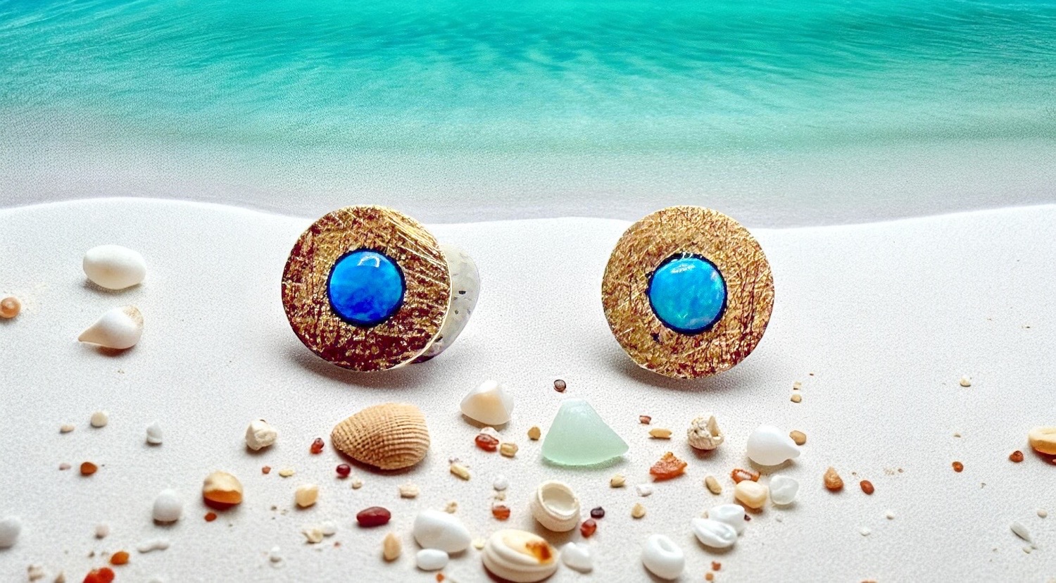 pendientes opalos azules redondos mini boton oro