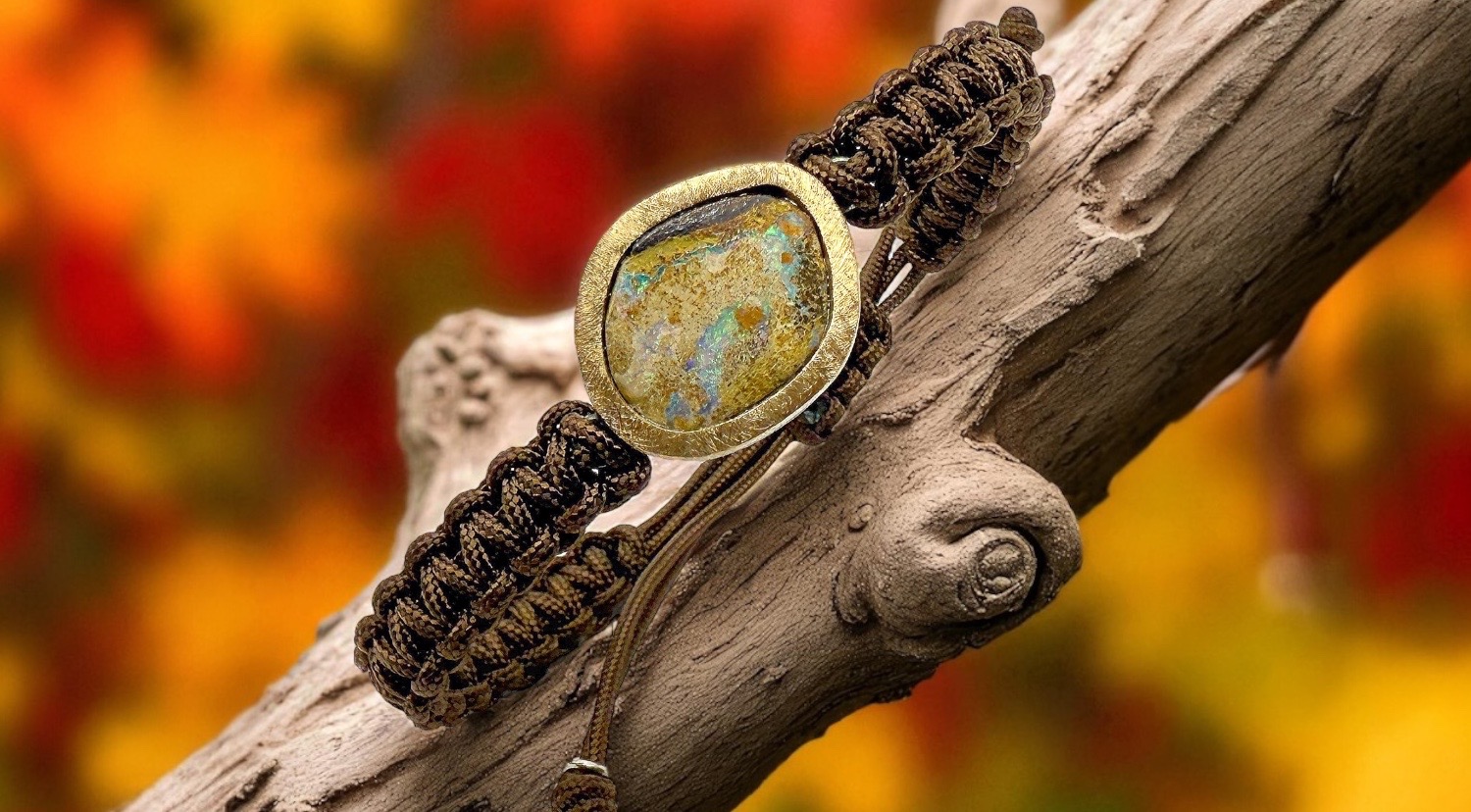 brazalete opalo oval verdoso macrame marrÓn plata oro