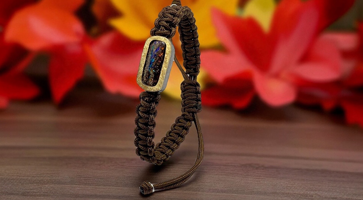 rectangular australian boulder opal brown macrame bracelet in silver and gold