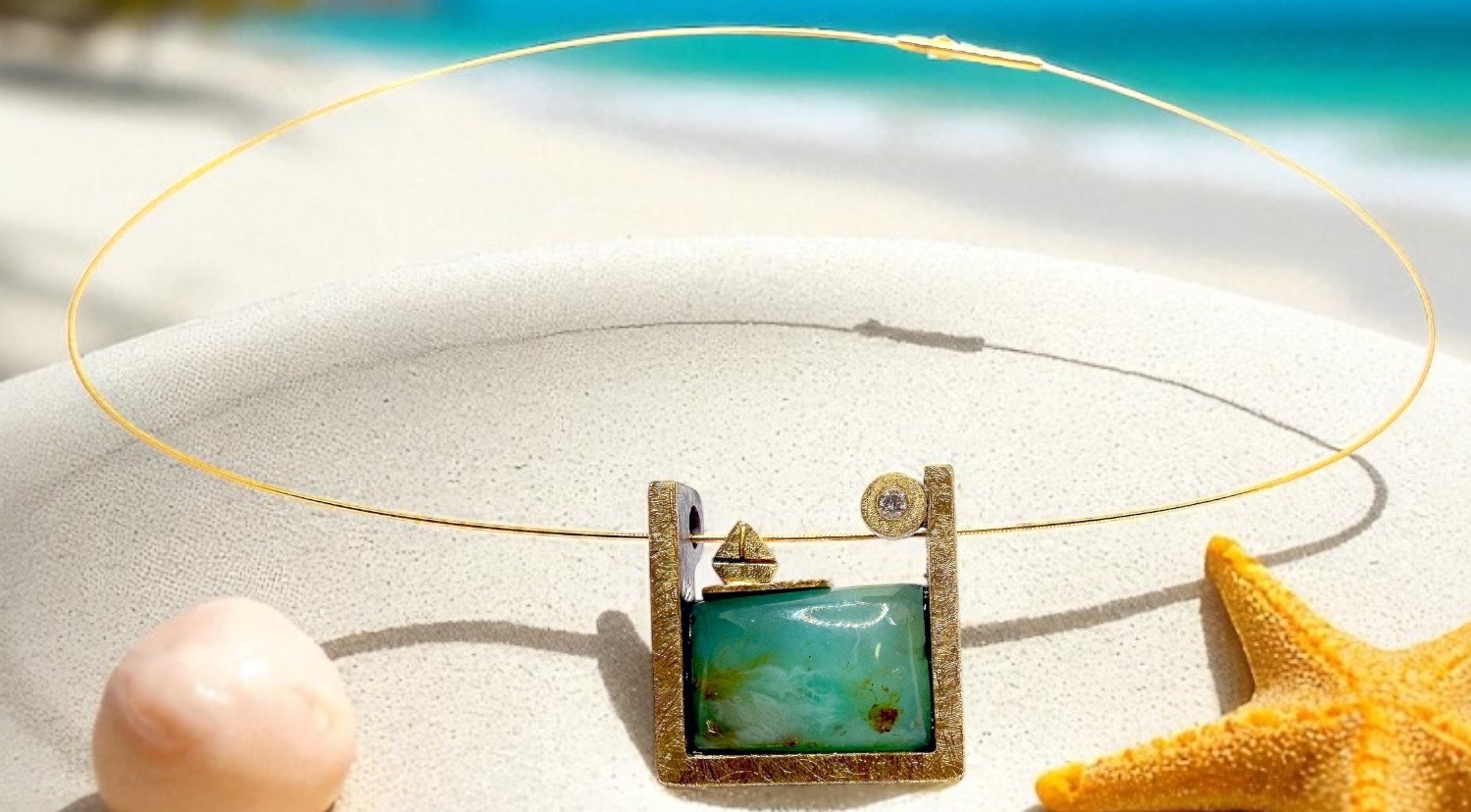 andean blue opal sailboat pendant with diamond in silver and gold