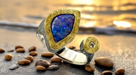 ANILLO OPALO BOULDER HOJA BRILLANTE PLATA ORO