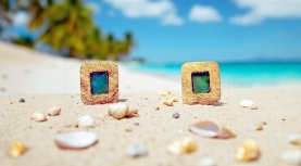 PENDIENTES OPALO AZUL PERUANO CUADRADOS ORO