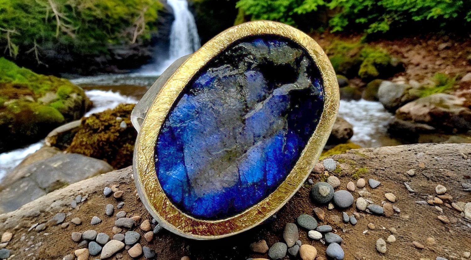 anillo labradorita bruto oval plata oro