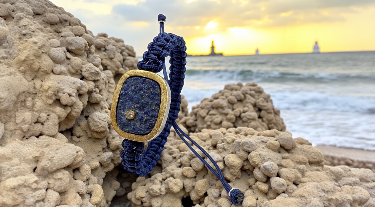 braÇalet lapislÀtzuli brut rectangular brillant macrame blau fosc plata or