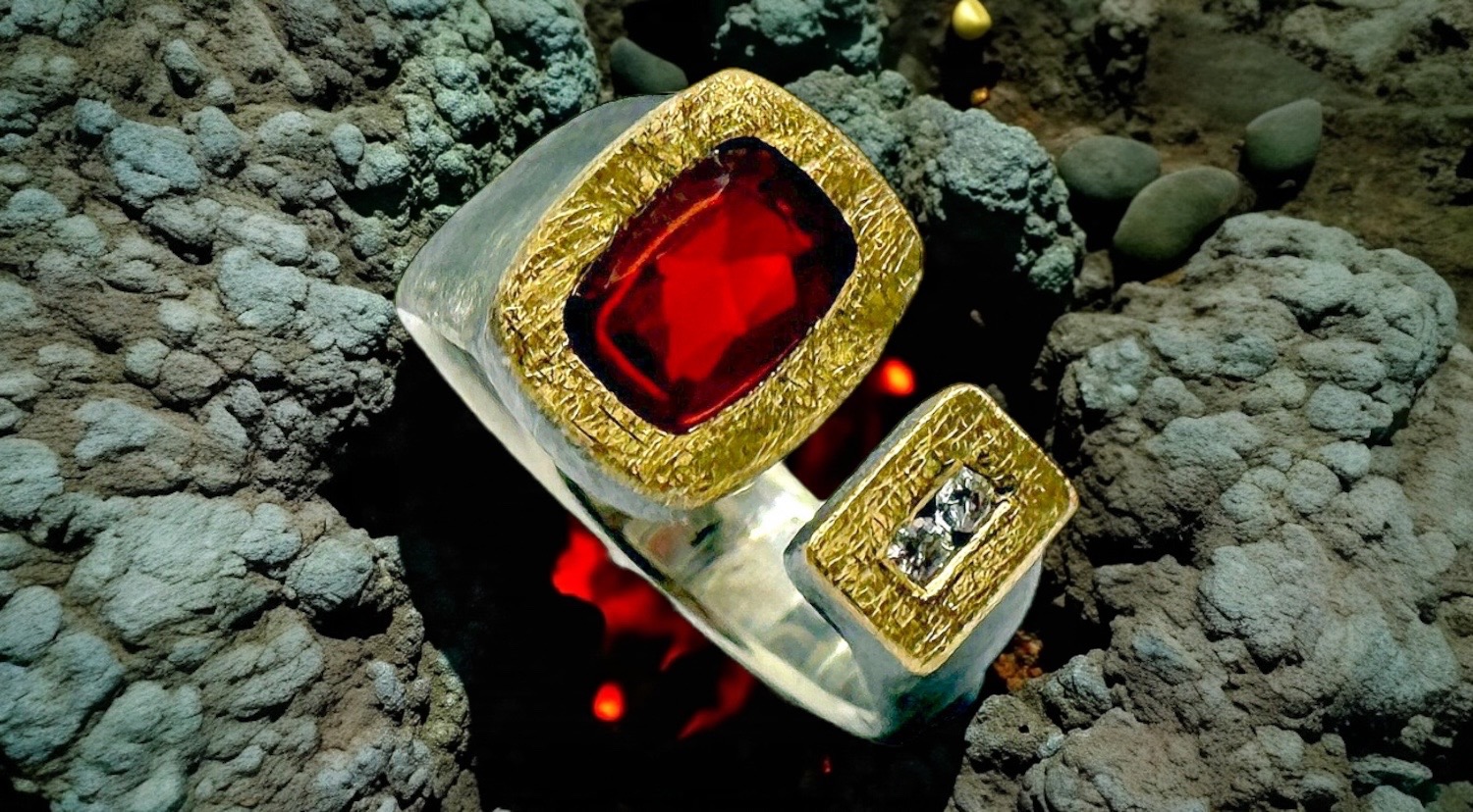 anillo opalo fuego rectangular 2 brillantes plata oro