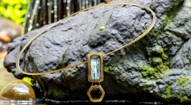 PENJOLL AIGUAMARINA RECTANGULAR I HELIODOR HEXAGONAL PLATA OR