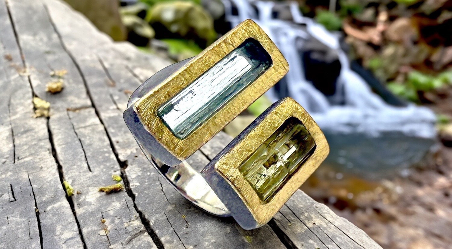 anillo aguamrina y heliodoro rectangulares plata oro