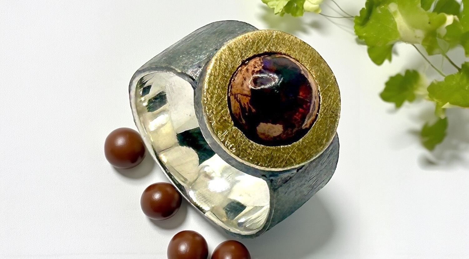 anillo opalo fuego redondo brazo redondo plata oro